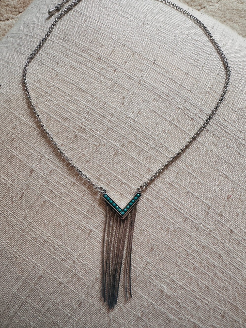 Silver V-Shaped Fringe Necklace with Teal Accents